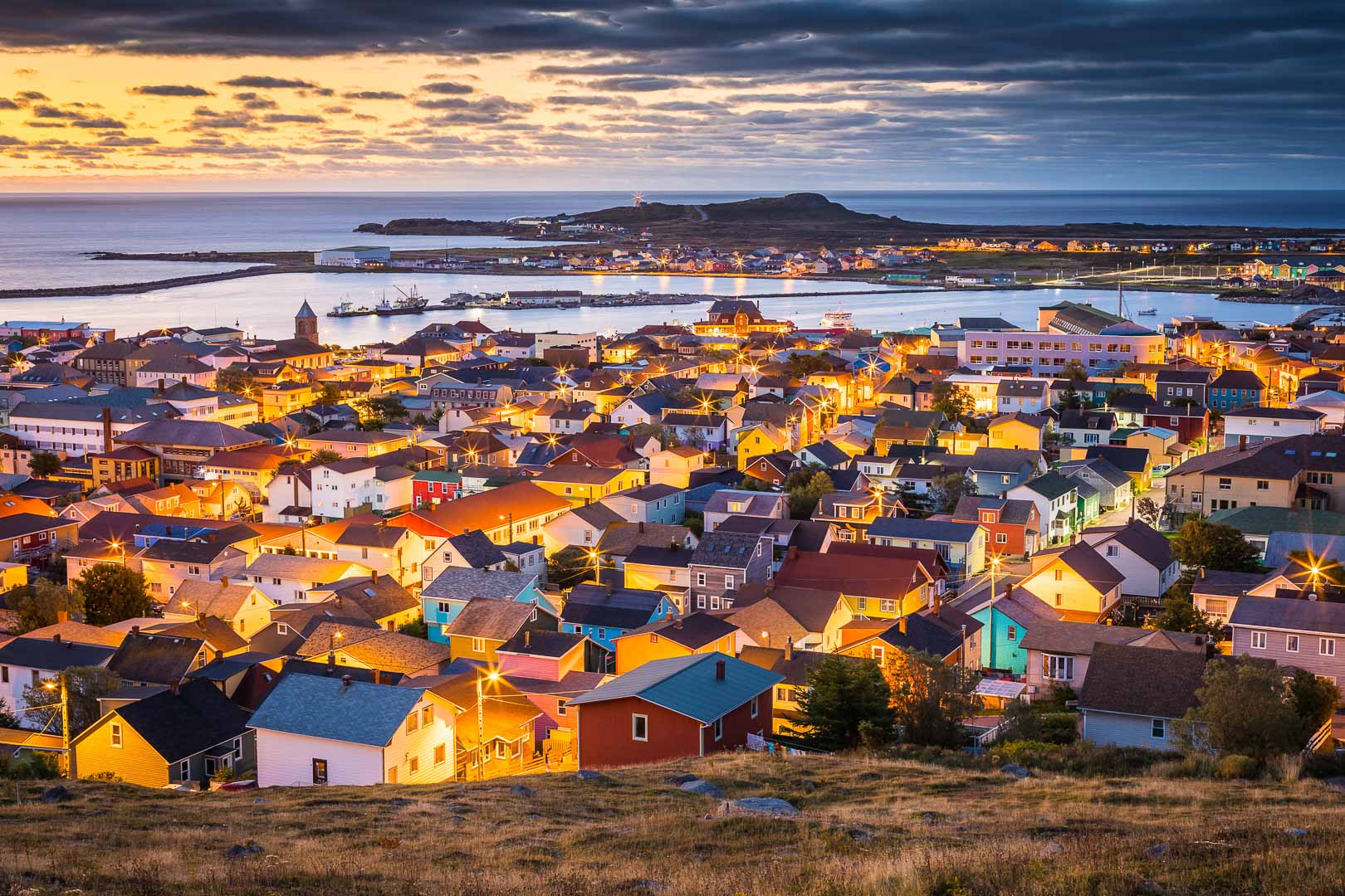 Houses from Saint Pierre et Miquelon during sunset